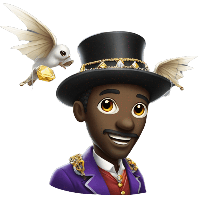 a flying rich black magician, wearing diamond chains emoji