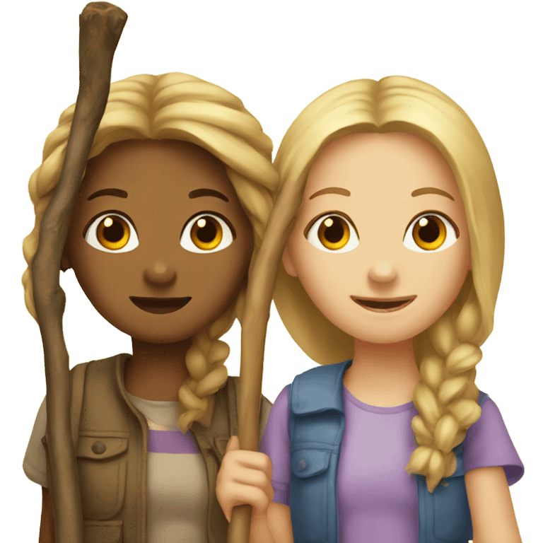 Two girls sharing a stick emoji