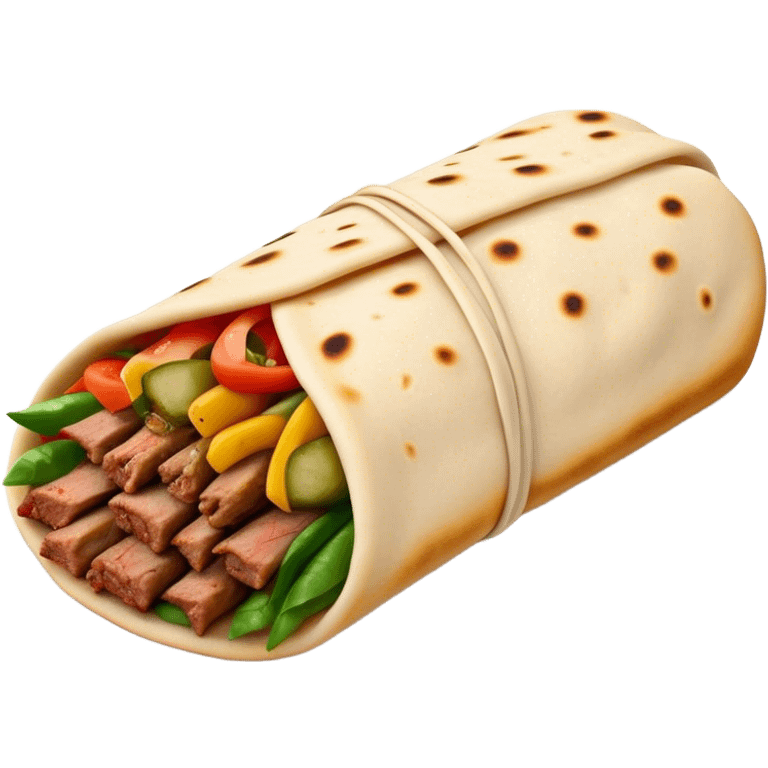 Cinematic Realistic Shawarma Dish Emoji, showcasing spiced, succulent meat wrapped in flatbread with fresh vegetables rendered with lifelike detail and dynamic, appetizing lighting. emoji