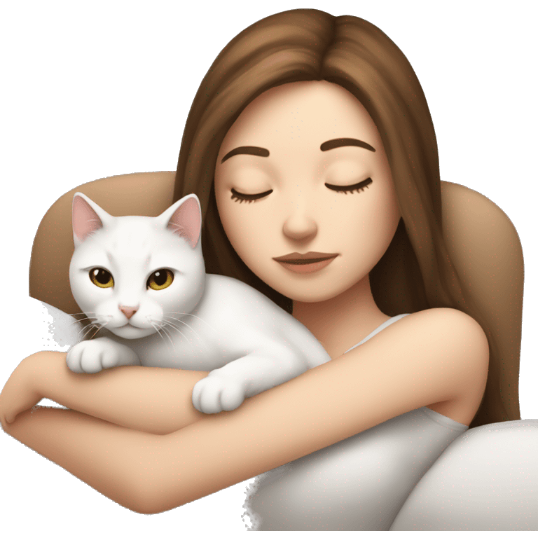 White girl brown hair sleeping with white kitty emoji