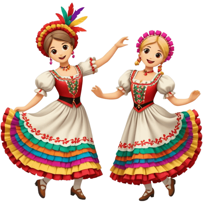 Cinematic Realistic Mazurka Dance Emoji, depicted as a lively traditional Polish folk dance scene with colorful costumes and spirited movement, rendered with dynamic textures and vibrant festive lighting that captures its rhythmic energy. emoji