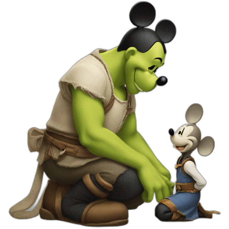 Mickey Mouse kneeling in front of Shrek emoji