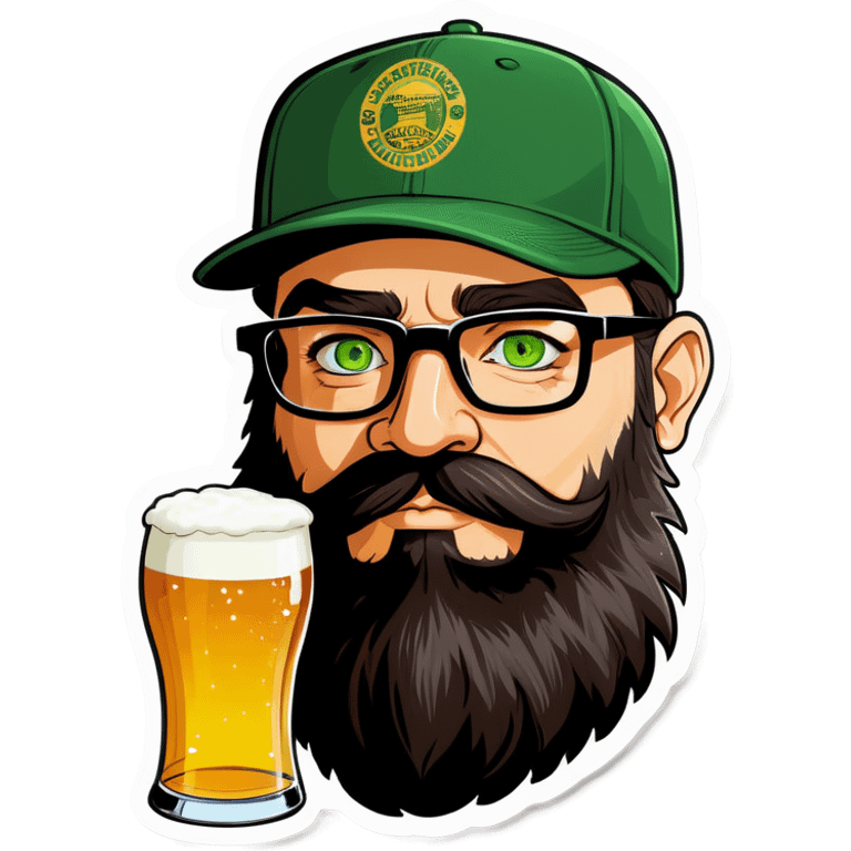 A man with a grey baseball cap, green eyes, big dark brown beard and glasses, drinking beer emoji