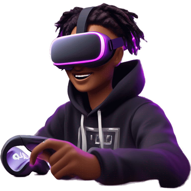 Happy student wearing a black hoodie with "OMG" letters on it and VR headset oculus quest 2 in a cyberpunk VR environment with violet neon lighting. emoji