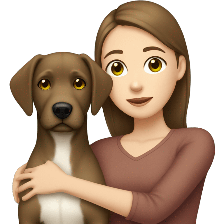 brown haired girl with browny green eyes hugging a brown and white girl Labrador  emoji