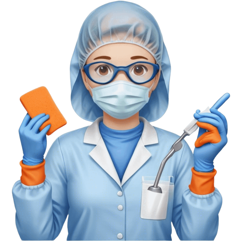 A meticulous cleanroom worker dressed in full protective gear, including a blue sterile suit, a face mask,  and orange gloves.  cleaning glasses with a wipe in one Hand emoji