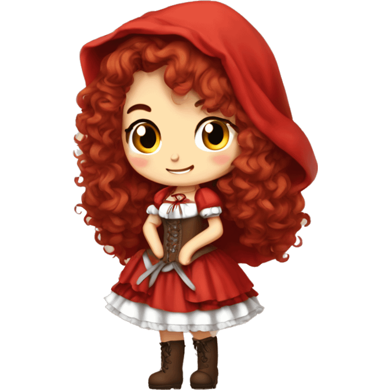 Little Red Riding Hood long curly red hair, brown corset and dress full body pose non-chibi emoji