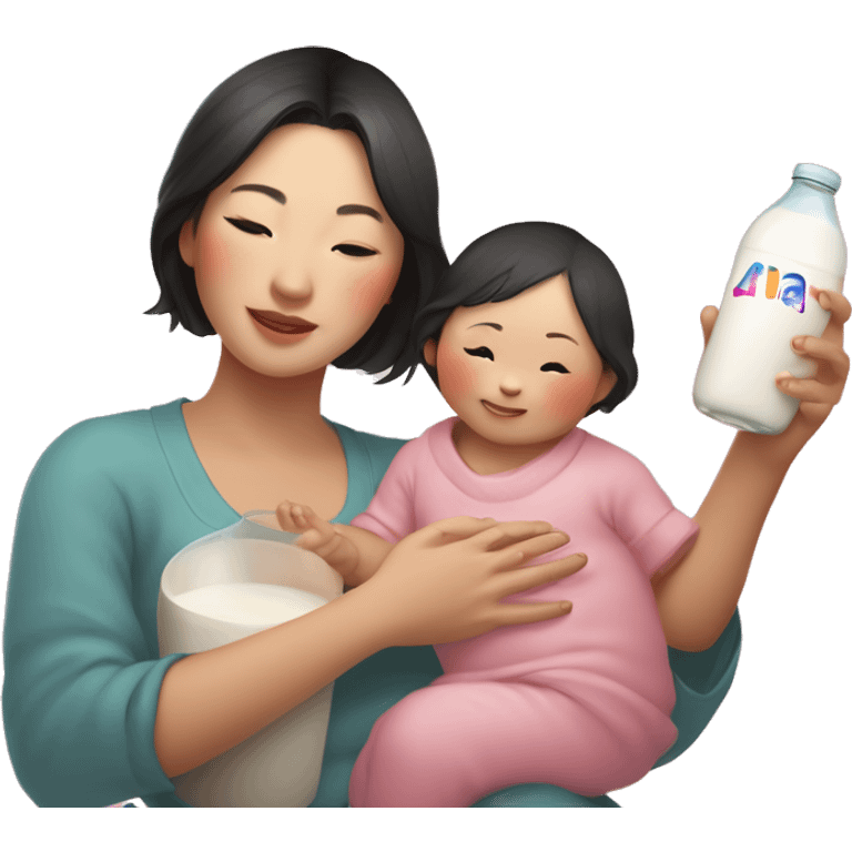 An Asian woman with white skin holds an Asian baby and a small Asian child in her arms, in her other hand a small bottle of milk, above this woman the word "ANA" in a semicircle like a rainbow, but pink emoji