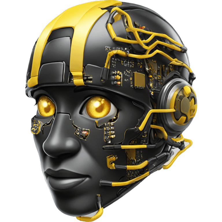 Black and yellow cyborg head with football helmet and circuits emoji