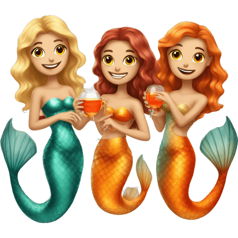 Three beautiful mermaids (light skin) drinking aperol emoji