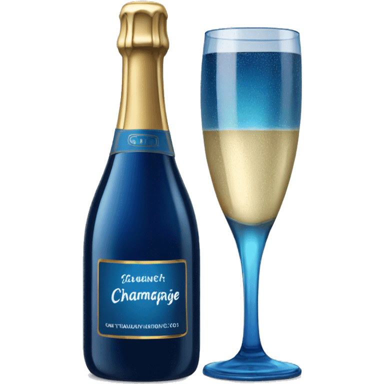 Realistic dark  blue champagne bottle with glass of blue champagne.  emoji