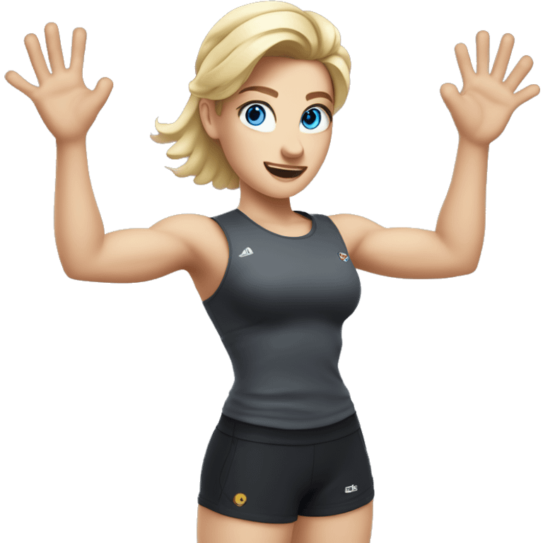 Close up Actively gesturing  with hands Pale skinned Fit woman With the biceps and blonde hair in dark gray Sleeveless Mike, black sports shorts, watch and white Sneakers and Blue Eyes  emoji