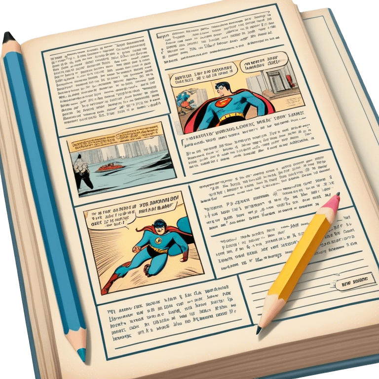 Create a detailed emoji representing the process of writing texts for comic books. The design should feature a large, open comic book with vintage comic strips visible on its pages. A pencil should be shown writing text on one of the comic panels, but without a hand. The pencil should appear as though it is actively creating the dialogue or narration. Use a classic color palette with muted tones for the comic book and brighter accents on the pencil to draw attention to the writing process. Do not include any emojis or smiley faces. Make the background transparent. emoji