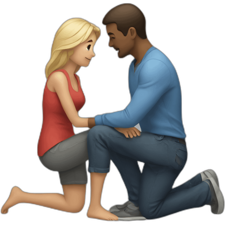 Woman on knee facing man holding him emoji