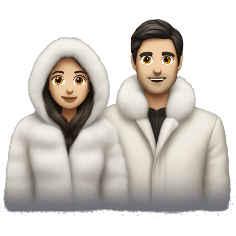 Dark haired White couple in long fur coats emoji