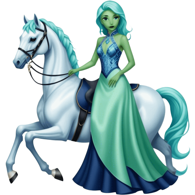 alien reptilian green skin woman, in long slim pastel blue formal party satin dress with gradient shiny sparkling navy blue diamonds embroidered , ride a White horse emoji