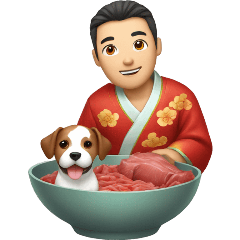 A man dressed in a traditional Chinese costume, holding a dog which is inside of a bowl of beef emoji