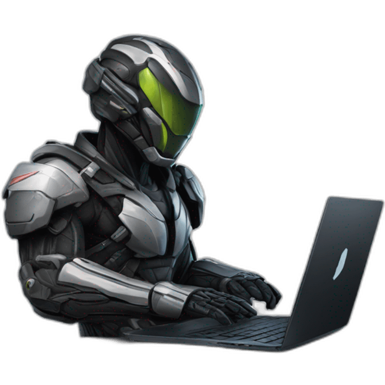 Side view developer behind his laptop with this style : Crytek Crysis Video game with nanosuit hacker themed character emoji