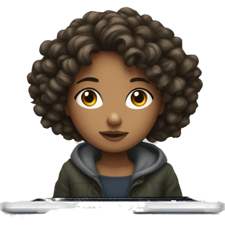 European girl with short and curly hair sits at a macbook emoji