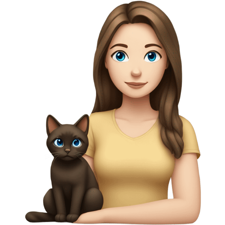 white girl with dark brown hair and blue eyes with a brown cat emoji