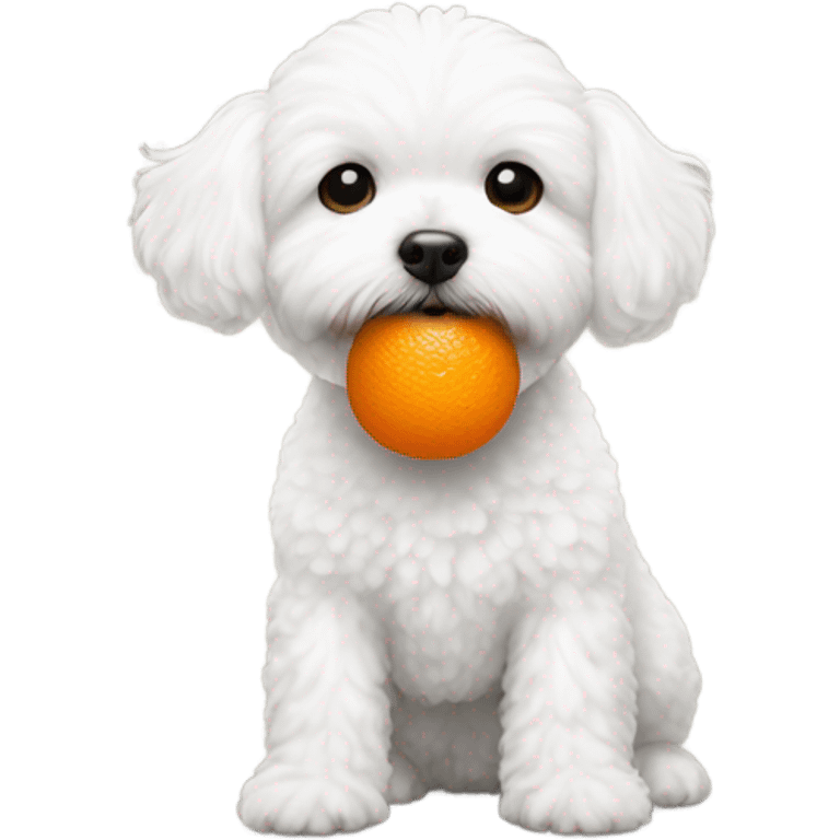 White maltipoo dog with orange ball in mouth emoji