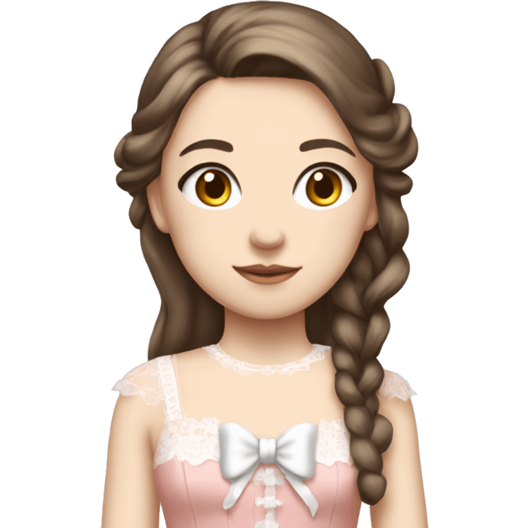 full body, girl standing, pale skin, long brunette hair, wearing lolita pink dress with white lace, wearing a pretty white bow on top of her head emoji