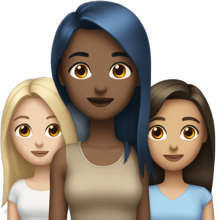 Three female friends: black hair brown eyes, blonde hair blue eyes, brown hair brown eyes emoji