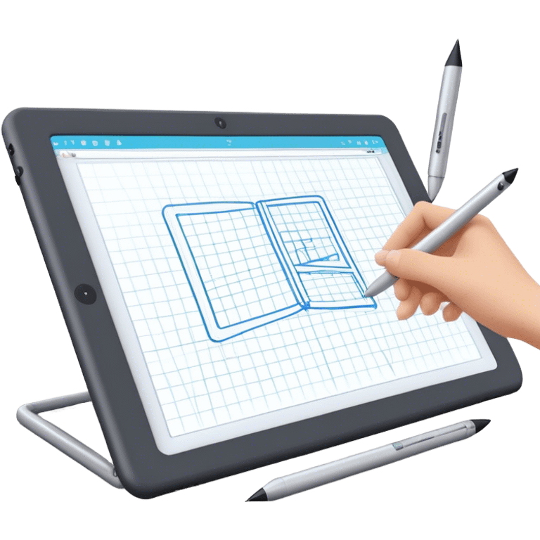 Create an emoji for 3D visualization and modeling. Show wireframe model that pops out from the screen of a large graphic tablet with a stylus drawing in a 3D modeling program. Use modern, professional colors. Do not include any emojis or smiley faces. Make the background transparent. emoji