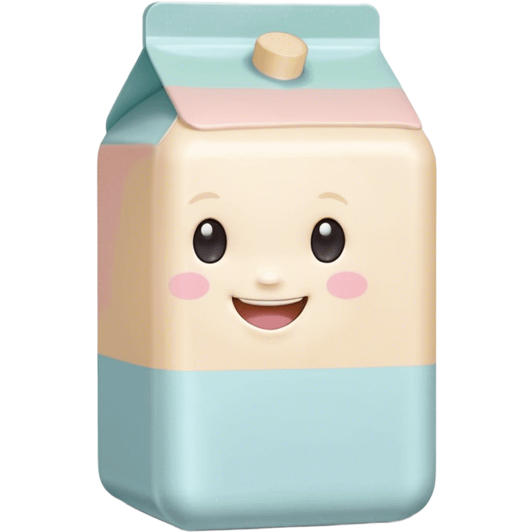 Cinematic adorable milk carton, soft pastel colors, tiny rounded edges, chubby smiling face, warm glowing highlights, gently tilting in a playful pose. emoji