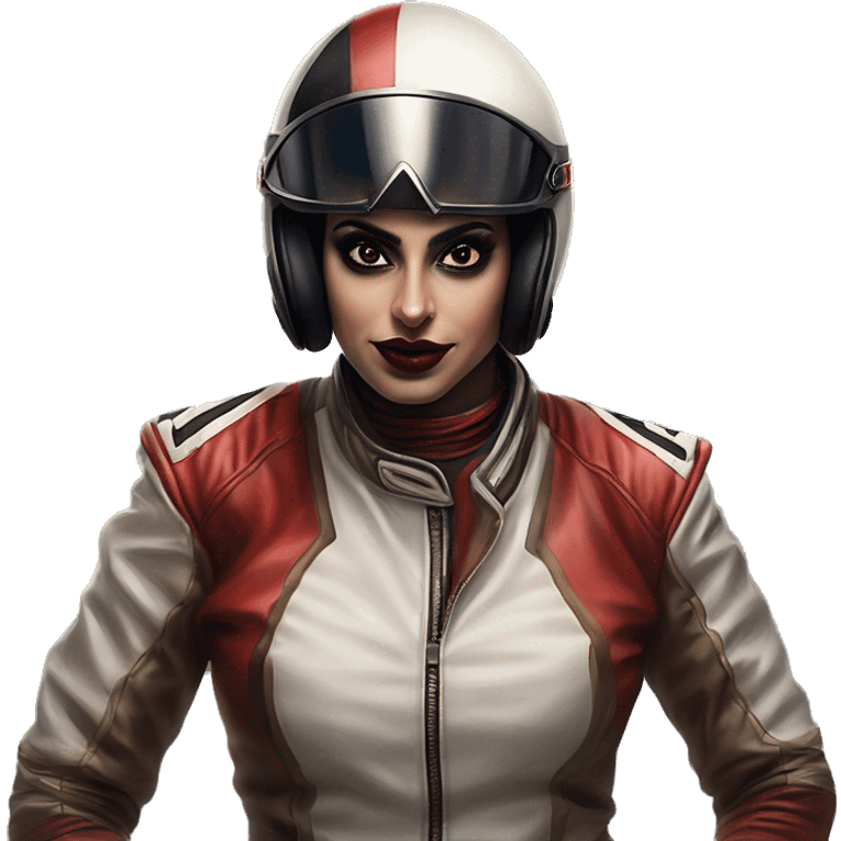 Arabic race driver  in Harley Quinn style, oil paint, mysterious eyes, intricate lips, masterpiece portrait, odd perspective, beautiful, desirable, logical emoji