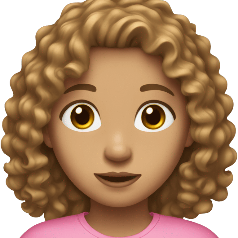 girl with long curly brown hair, blue eyes, light skin, pink shirt emoji