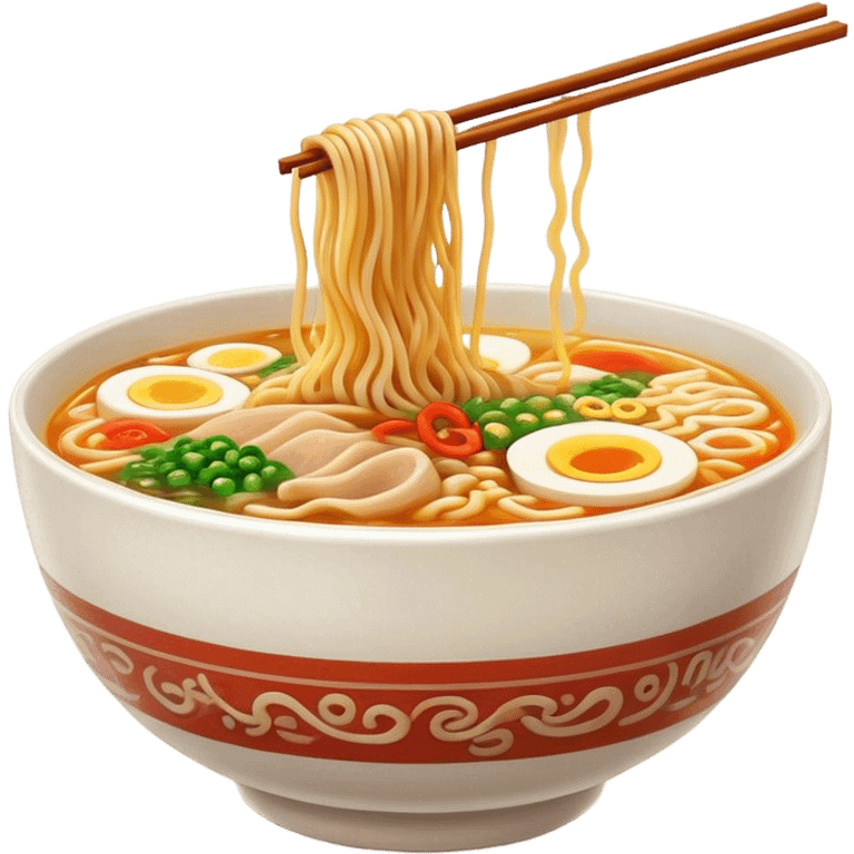 Cinematic Realistic Ramen Dish Emoji, showcasing a steaming bowl of rich broth with noodles and toppings rendered with dynamic textures and inviting, warm lighting. emoji