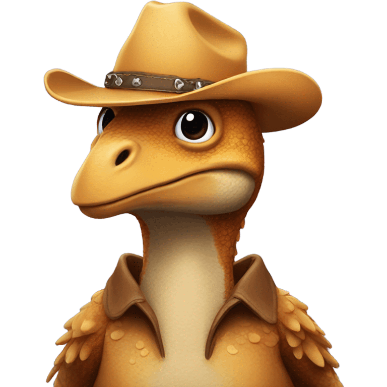 Dinosaur wearing a chicken suit with a cowboy hat emoji