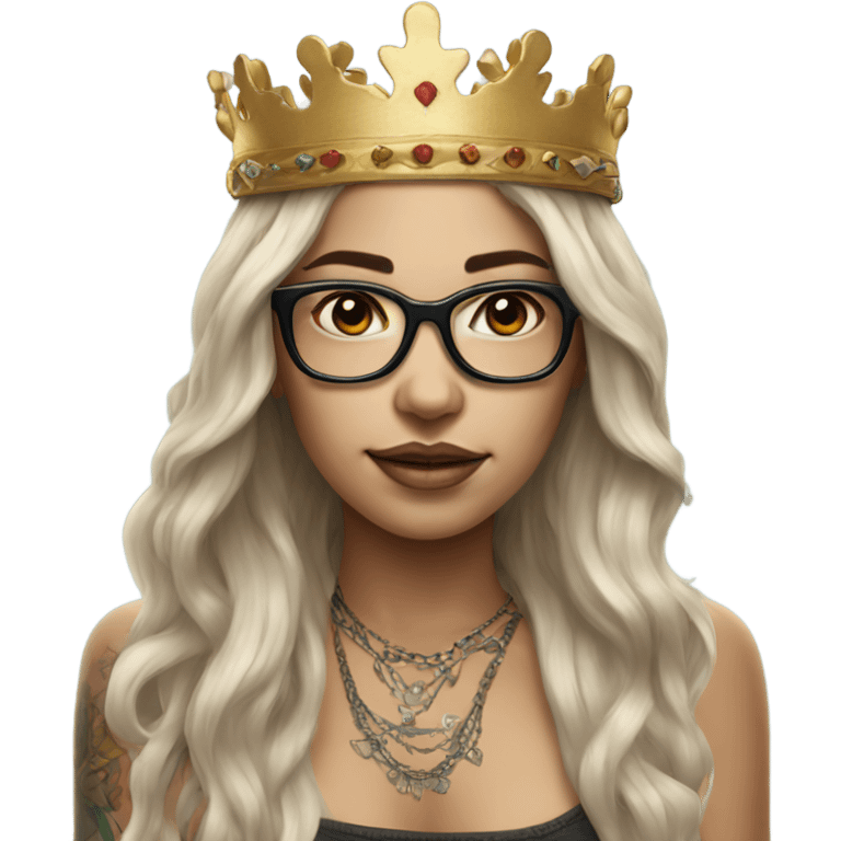 Hyperrealistic girl with long hair wearing a crown and glasses tattoos laptop emoji