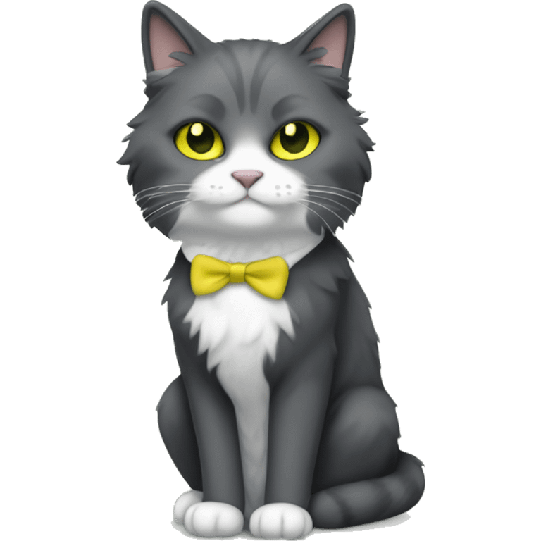 full body fluffy cat dark grey and white tuxedo pattern fur with greenish yellow eyes emoji