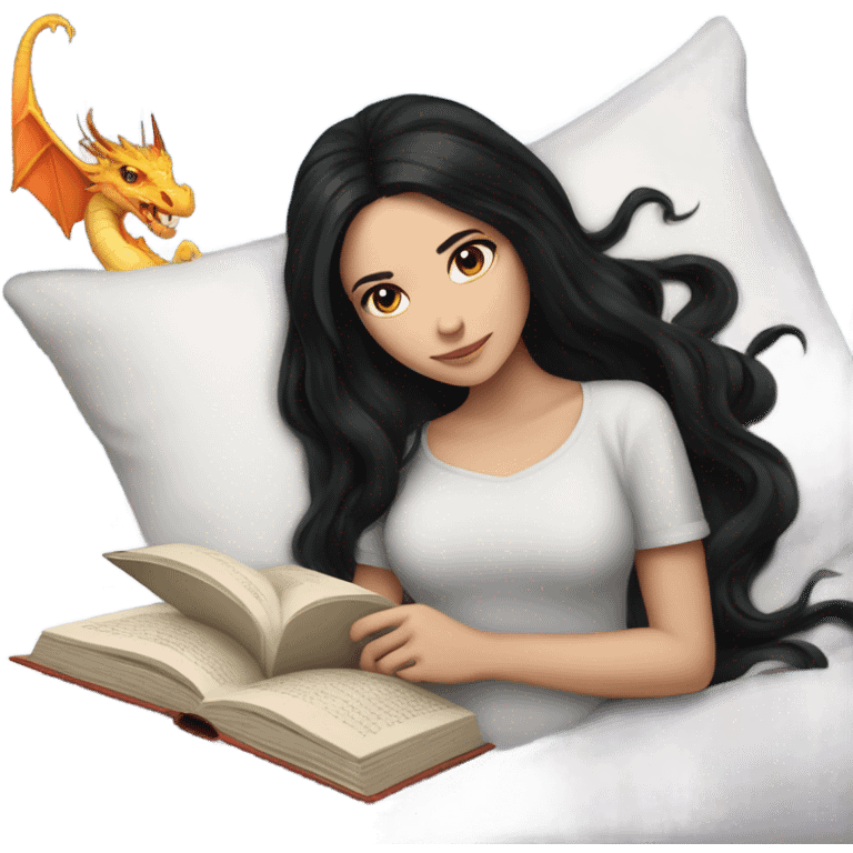 White girl with long black hair lying in bed reading a book with a dragon on the cover emoji