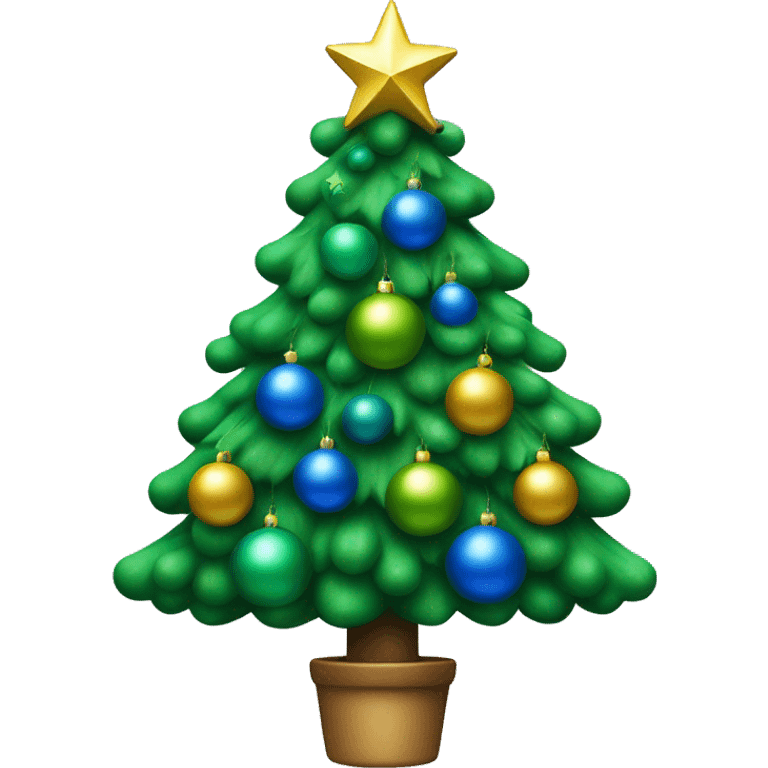 Christmas tree decorated with blue and green balls, with an oil symbol on the star emoji