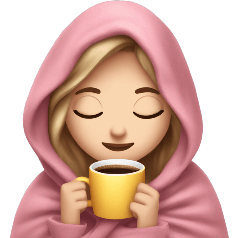 white girl inside a pink blanket sipping coffee eyes closed emoji