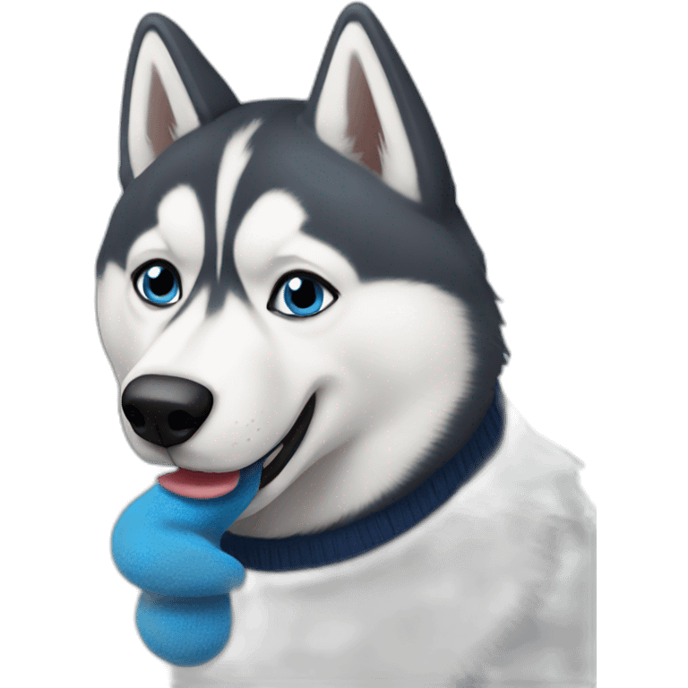 Confused husky biting a blue sock emoji