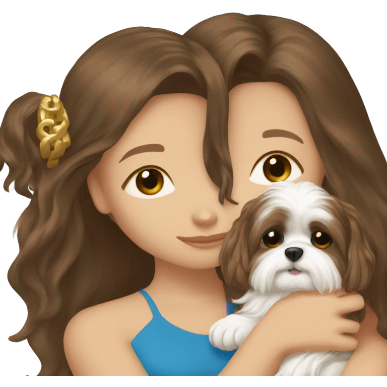 Brunette girl with brown long hair and blue eyes, hugging her withe Shih tzu with gold ears emoji