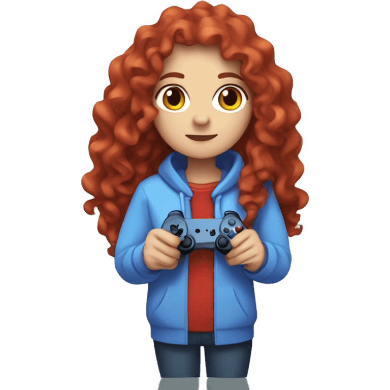 a white girl with long red curly hair, wearing periwinkle Minecraft hoodie holding a controller emoji