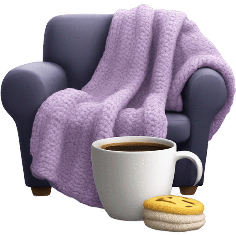 Design an inviting emoji of a chunky knit blanket folded on a comfy chair, with a cup of coffee nearby, evoking a cozy home setting.light purple emoji