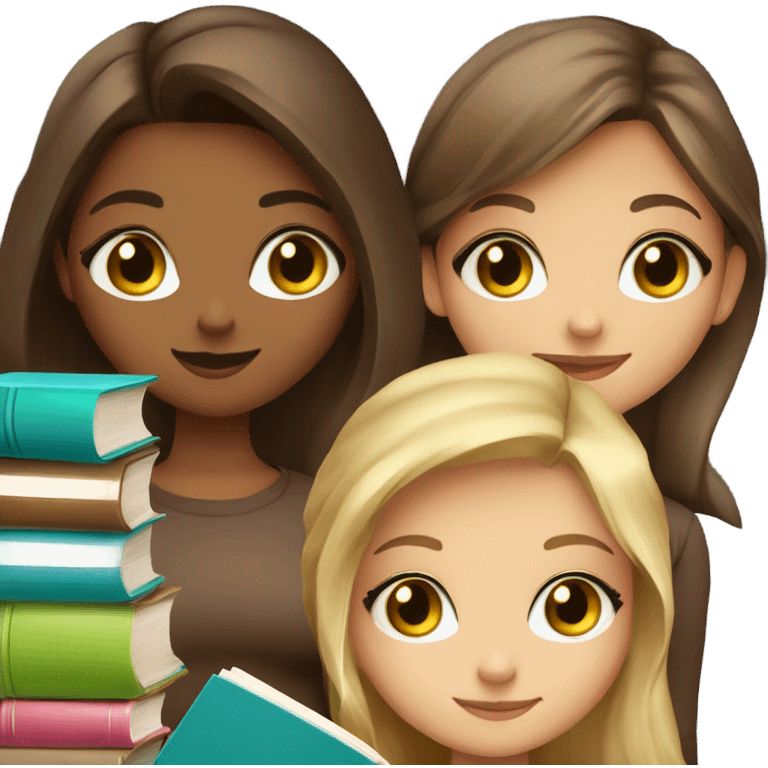 4 cute girls with cute books. 2 girls blonde with green eyes. 1 brunette with blue eyes and 1 brunette with brown eyes. all holding books emoji