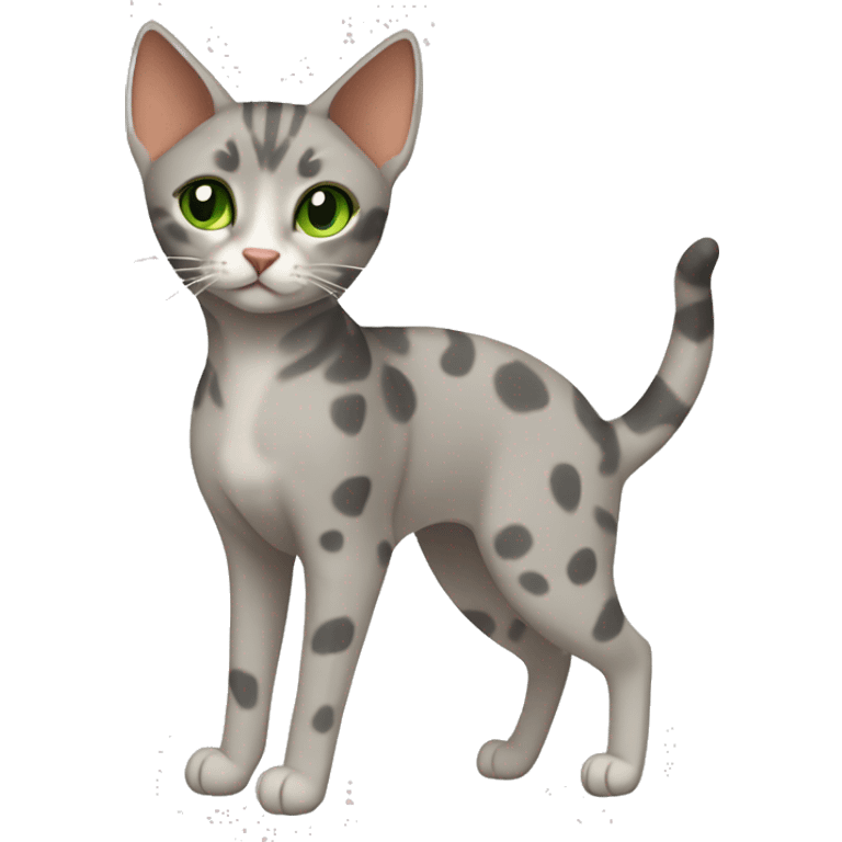 Short-haired oriental cat ,full body , grey coat with spots , green eyes , terracotta nuzzle emoji