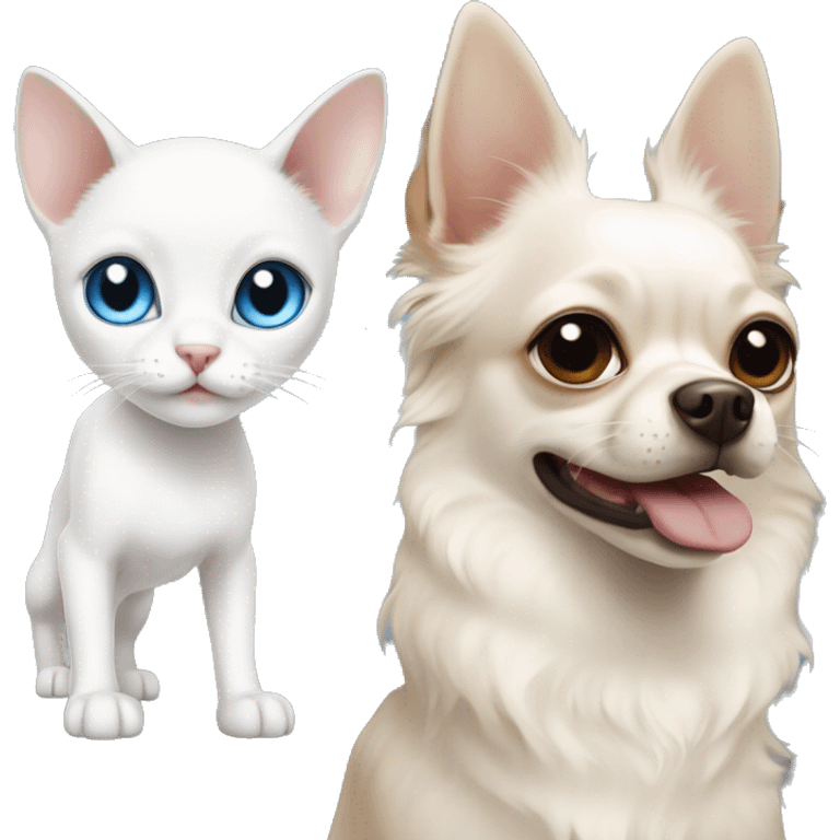 white cat blue eyes standing next to tan chihuahua with dark eyes  emoji