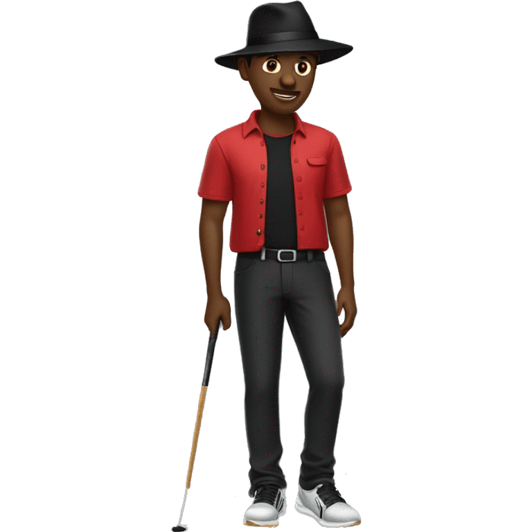 🏌🏾‍♂️ but with a black hat, red shirt, and black pants and shoes emoji