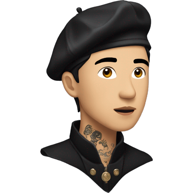 A handsome Asian man with a gothic style, wearing a beret, earrings, and face tattoos. emoji