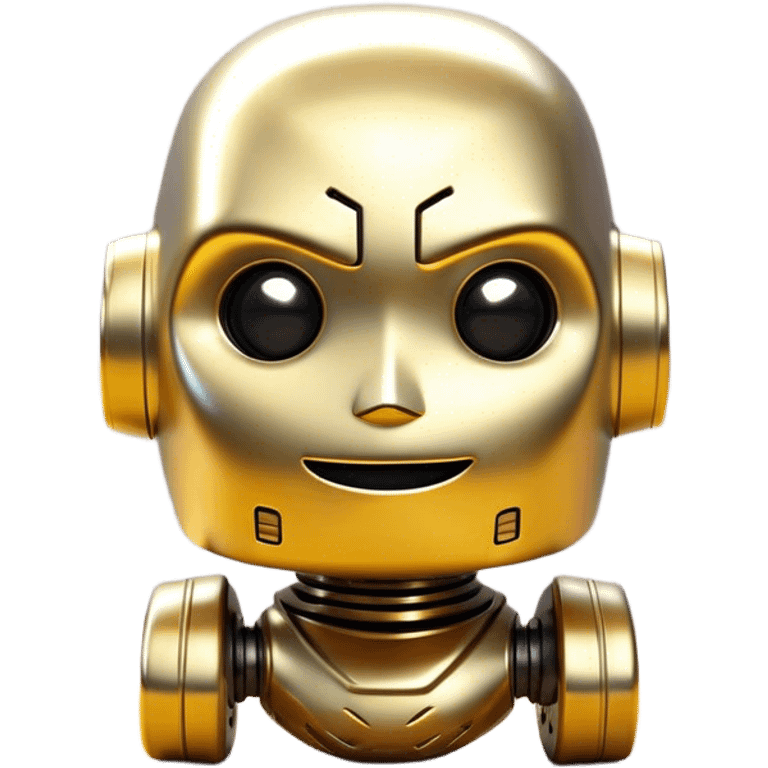 Cinematic Cute Mighty Iron Golem Portrait Emoji Head tilted playfully and inquisitively, featuring a sleek yet sturdy metal form with smooth, polished steel plating and glowing golden engravings, accented by faintly humming energy veins that pulse with life; rendered with lifelike clarity and soft, natural reflections, high shine, charming yet robust, styled with a touch of whimsical fantasy, soft glowing outline, capturing the essence of a watchful yet endearing golem, as if it might shift its massive head with a slow, thoughtful nod at any moment! emoji