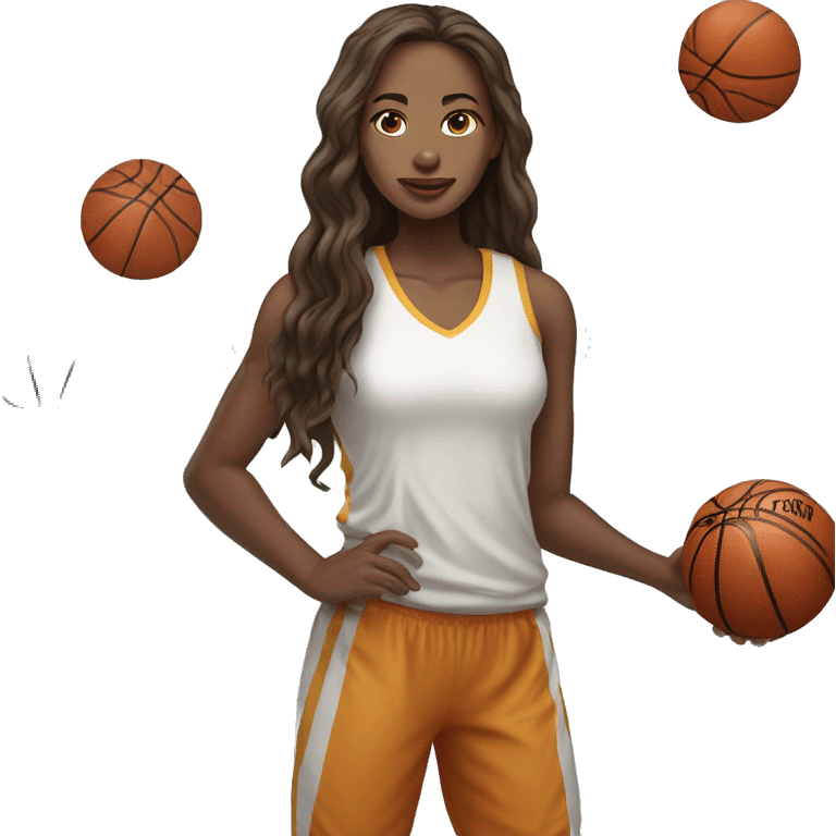 white skintone and brown long hair girl plasy basketball under snow emoji