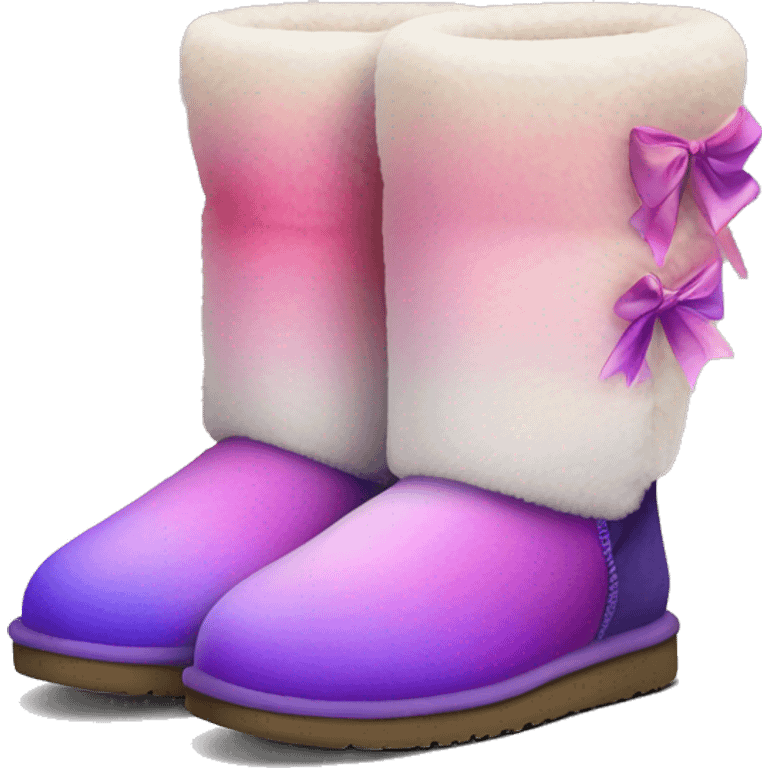 Realistic pair of pink to purple ombre fur Ugg boots with silk ribbon bows. emoji